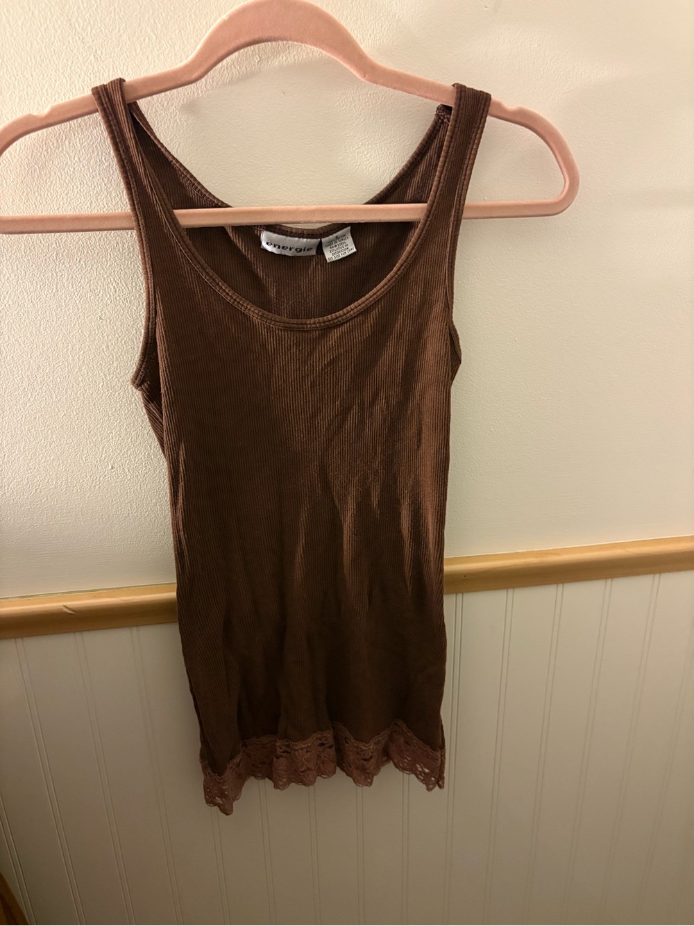 Vintage Y2K Energie Brown Ribbed Lace Trim Tank Top Cami Size S